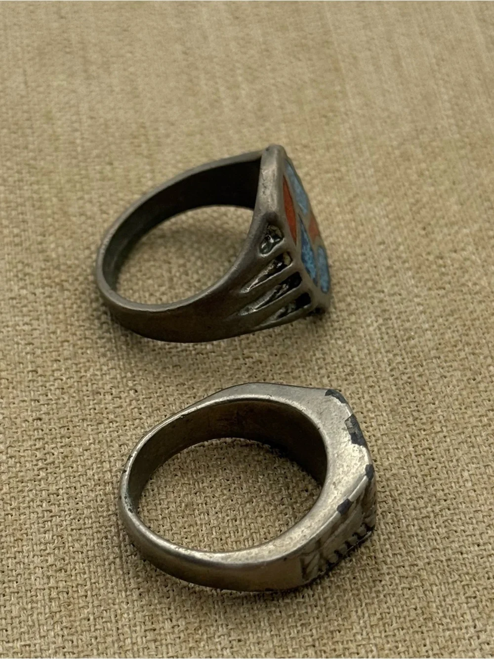 Set of two Men's Silver-Tone Inlay Ring with turquoise and coral Accents